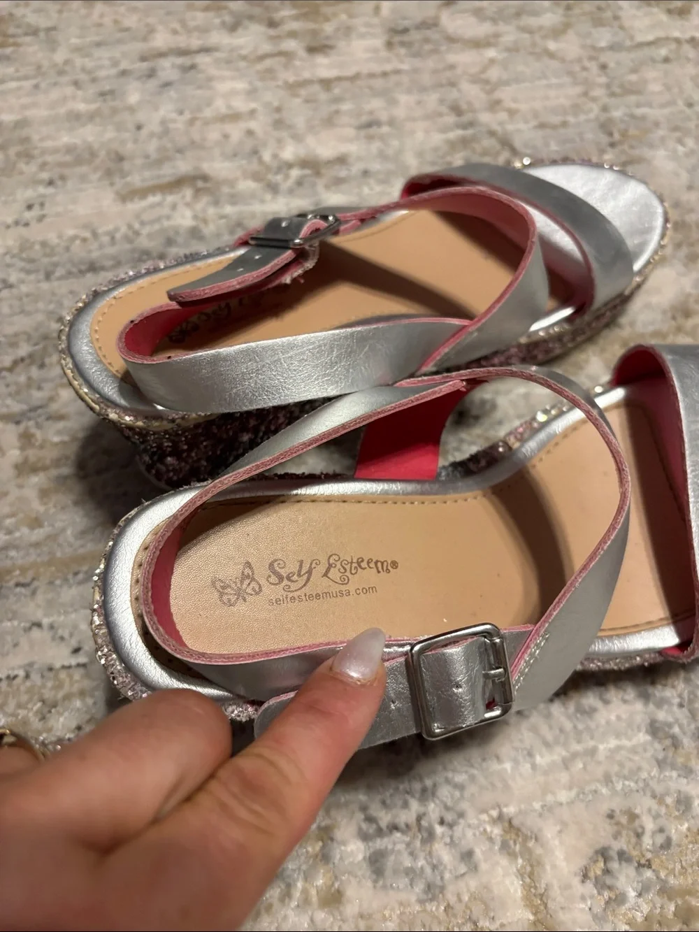 Self Esteem Silver Wedge Sandals with Pink-Accented Glitter Platform